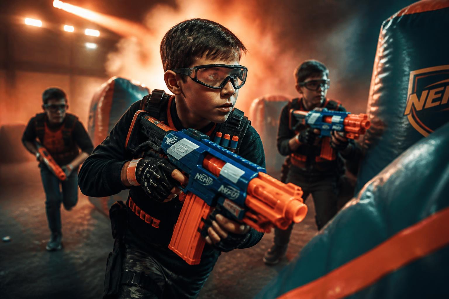 Kids in tactical gear playing nerf