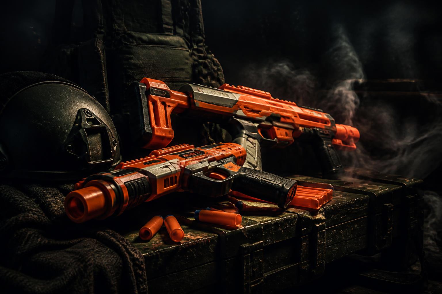 Tactical nerf blasters on ammo crate